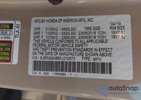 2019 Honda Cr-V Ex-L z USA, uszkodzony, nr VIN 5J6RW2H88KL010573